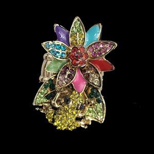 Gold Tone Multicolor Bejeweled Stretch Cocktail Ring Frog on Lilypad